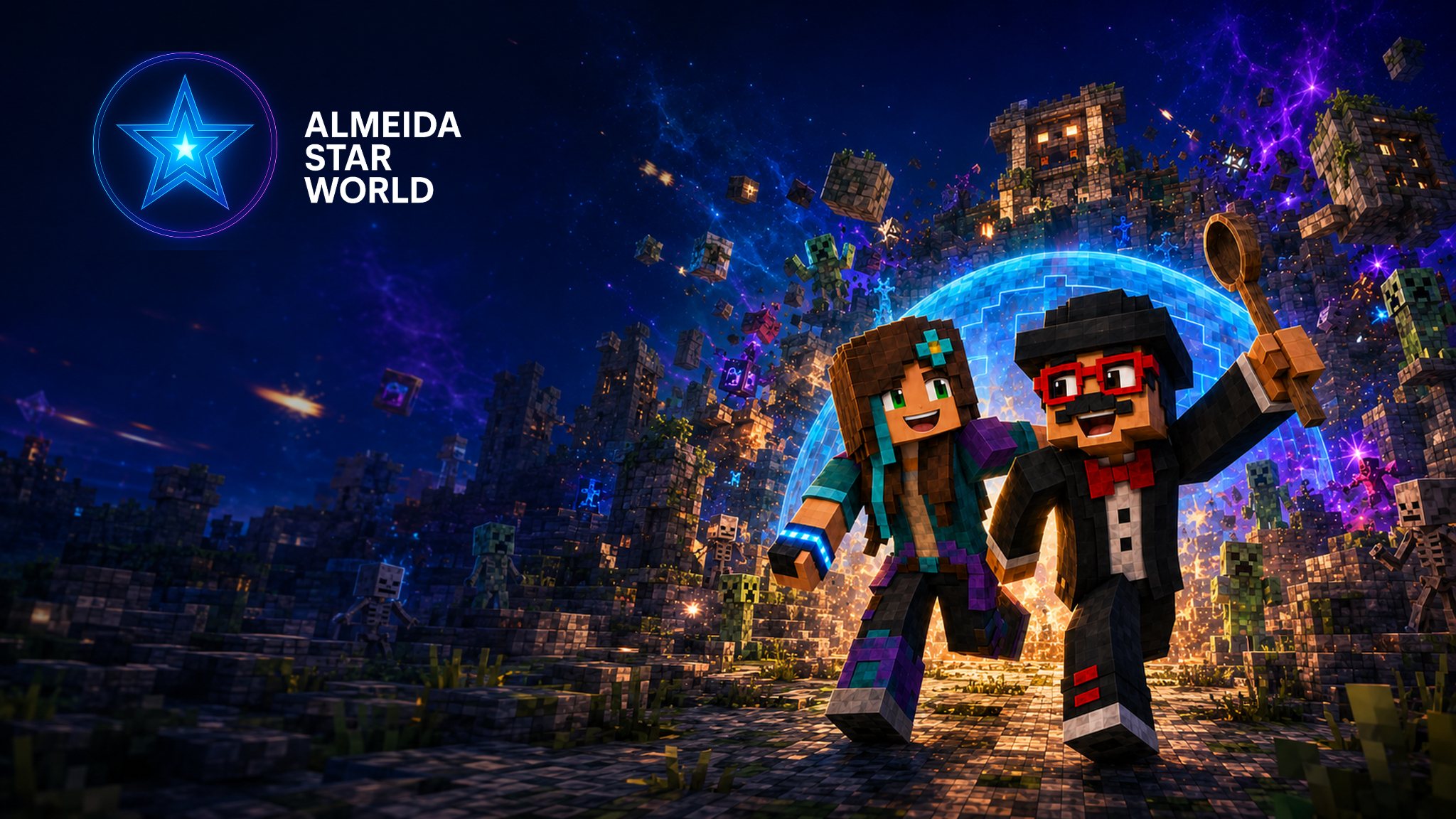 Luna e Barba Louco diante do símbolo da Almeida Star World